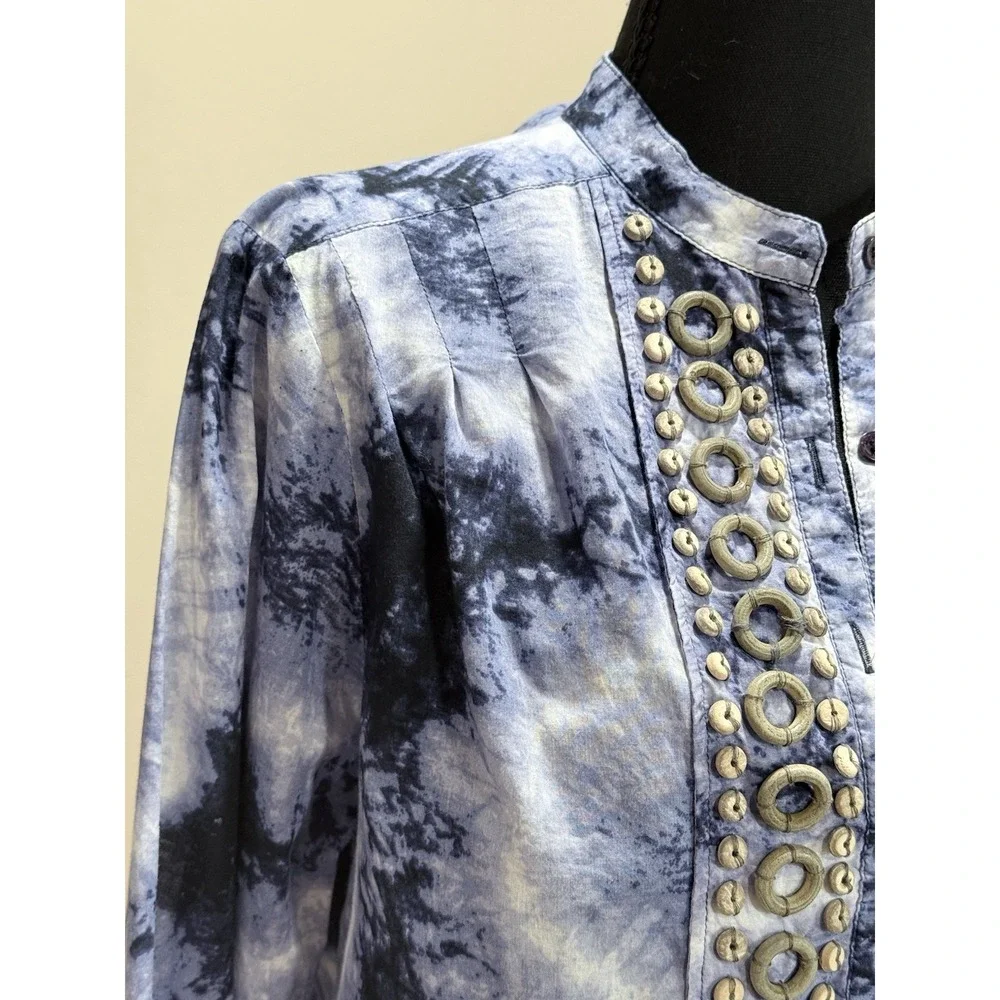 Michael Kors Top‎ M Blue Tie-Dye Beaded Bib Pleated Hippie Boho Peasant Popover